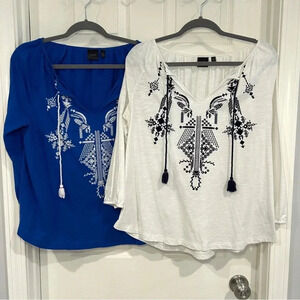 Rafaella Blouse Women Size L 3/4 Sleeve Blue White  Embroidered Tassel Bundle